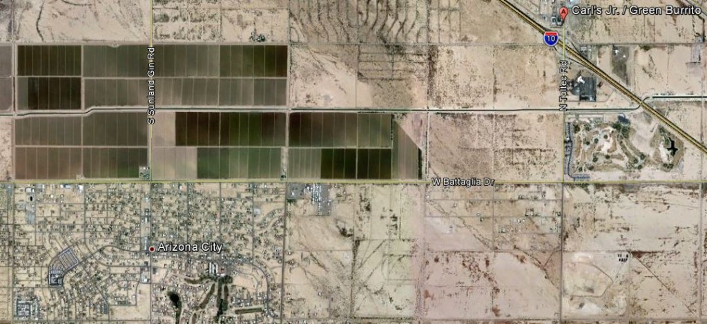 Arizona City in the lower left, Carl's Jr at the Toltec Rd exit on I-10 on the upper right.